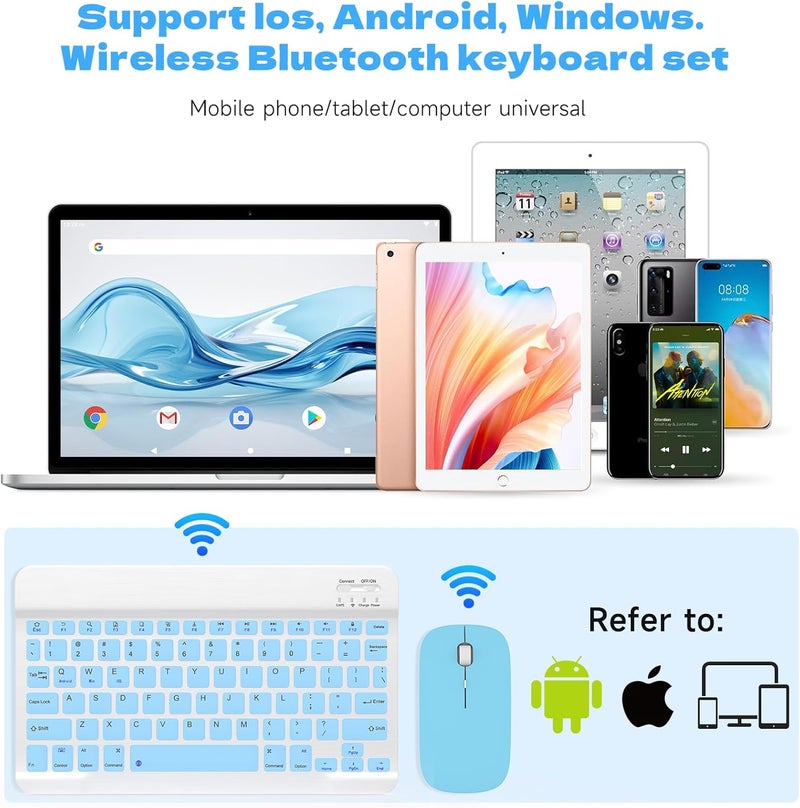 GOGARA Bluetooth Keyboard and Mouse Combo, Qwert Layout Universal Ultra-Slim Wireless Keyboard Mouse Set for Android Windows iPad iPhone Samsung Tablet Portable Compact Keyboard Set, Light Blue - Image 3